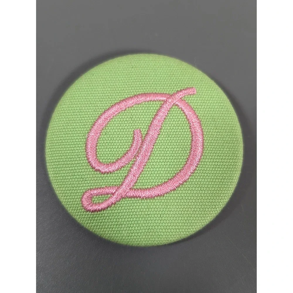 Green Fabric Pink Embroidered Letter D Initial‎ Round Brooch Pin Retro